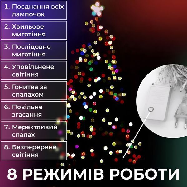 Гірлянда нитка 22м на 218 LED лампочок світлодіодна прозорий провід 8 режимів роботи W500LEDML 1960024771 фото
