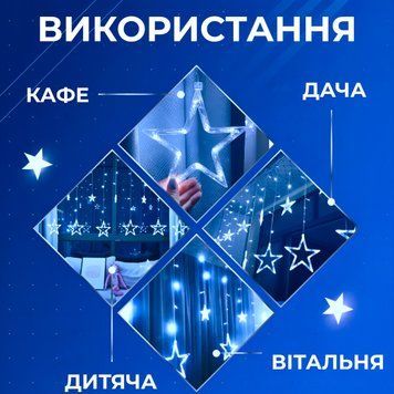 Гірлянда штора 3х0,7 м Зірки на 108 LED лампочок світлодіодна 6 великих та 6 маленьких зірок 9В 8 режимів Синій 1733054BL 1961086554 фото