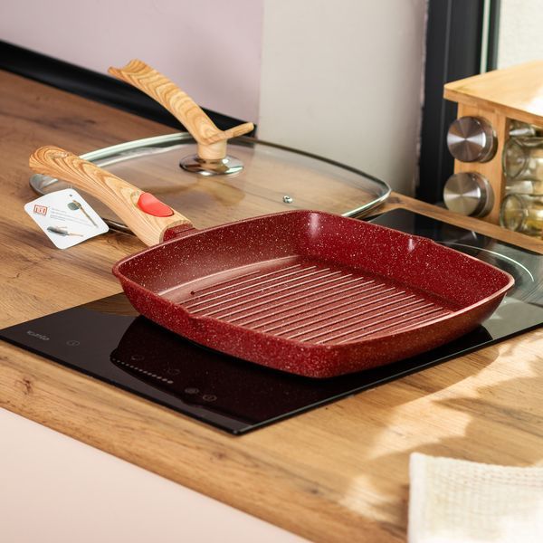 Алюмінієва сковорода-гриль 28 см зі скляною кришкою Square Red MGC HP-4-462R 2358506389 фото