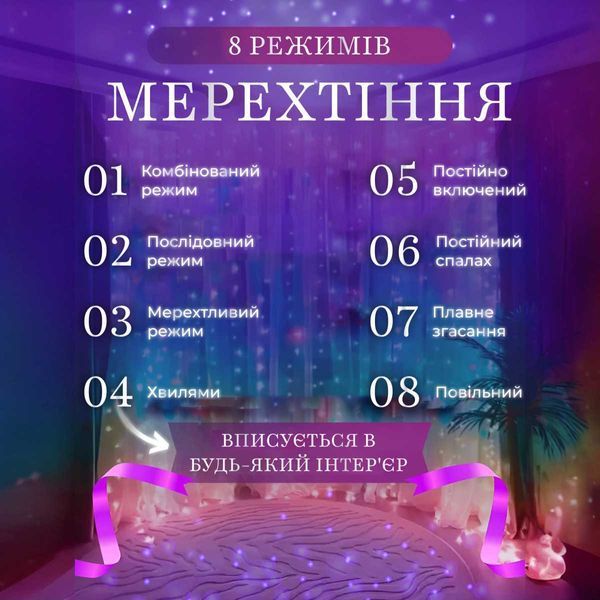 Гирлянда штора 2х2 м 240 LED светодиодная медный провод 8 нитей ZWM2240LEDML 1961208111 фото
